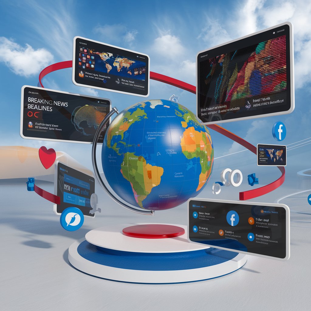 A dynamic homepage image featuring a globe surrounded by floating digital screens displaying breaking news headlines, maps, and social media icons. The scene is vibrant and modern, symbolizing the interconnectedness of global events and real-time updates, with a professional and informative tone