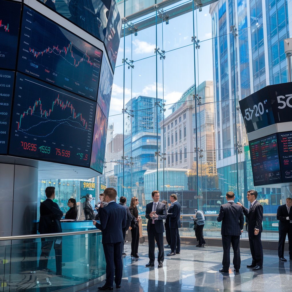 A bustling financial hub with stock market graphs displayed on digital screens, business professionals in sharp suits analyzing data, and a cityscape visible through large glass windows. The scene is vibrant and sophisticated, reflecting growth and economic strategy