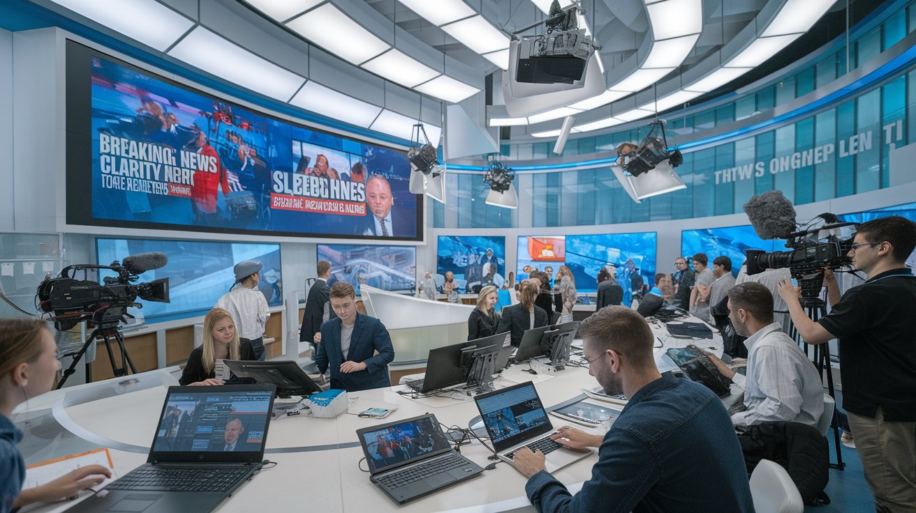 An engaging and dynamic homepage banner showcasing a bustling newsroom environment, featuring journalists working on laptops, cameras capturing live events, and a large digital screen displaying breaking news headlines. The design should have a modern, professional look with a focus on clarity and energy, symbolizing a hub for current affairs and real-time updates. Include subtle accents of blue and white for a trustworthy and sleek appearance.