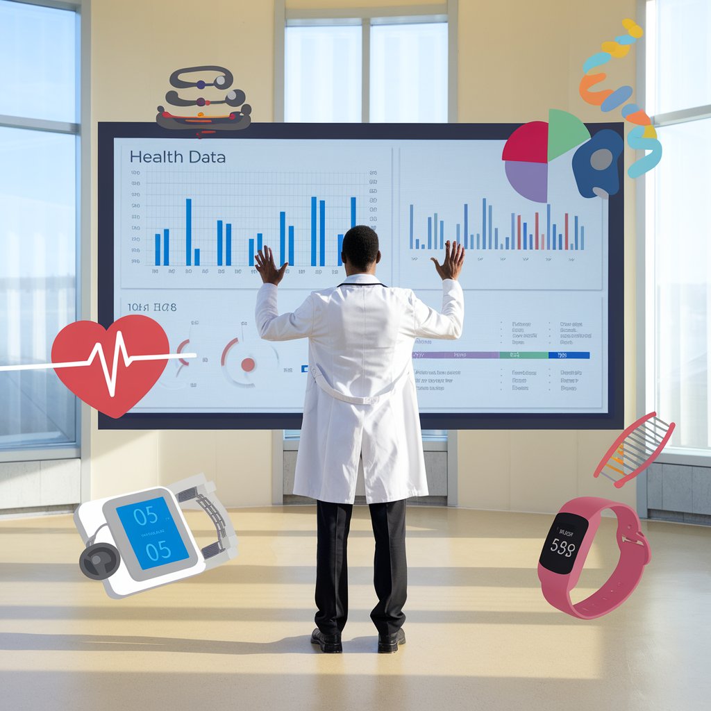 A serene yet informative setting with a doctor explaining health data on a large screen, surrounded by medical icons like heartbeats, DNA strands, and fitness trackers. The environment is clean and uplifting, representing wellness and scientific advancement