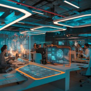 A futuristic tech workspace with glowing holographic screens, sleek gadgets, and engineers collaborating on innovative projects. The setting is modern and high-tech, emphasizing progress, innovation, and digital connectivity