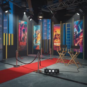 A lively entertainment studio featuring spotlights, a red carpet, and movie posters with vibrant colors. Include a microphone, camera, and a director’s chair to capture the essence of the entertainment world, from cinema to music.