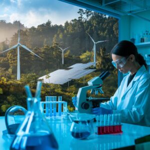 A captivating image of a scientist working in a lab juxtaposed with a lush forest and renewable energy elements like wind turbines and solar panels. The blend of science and nature represents innovation and environmental sustainability