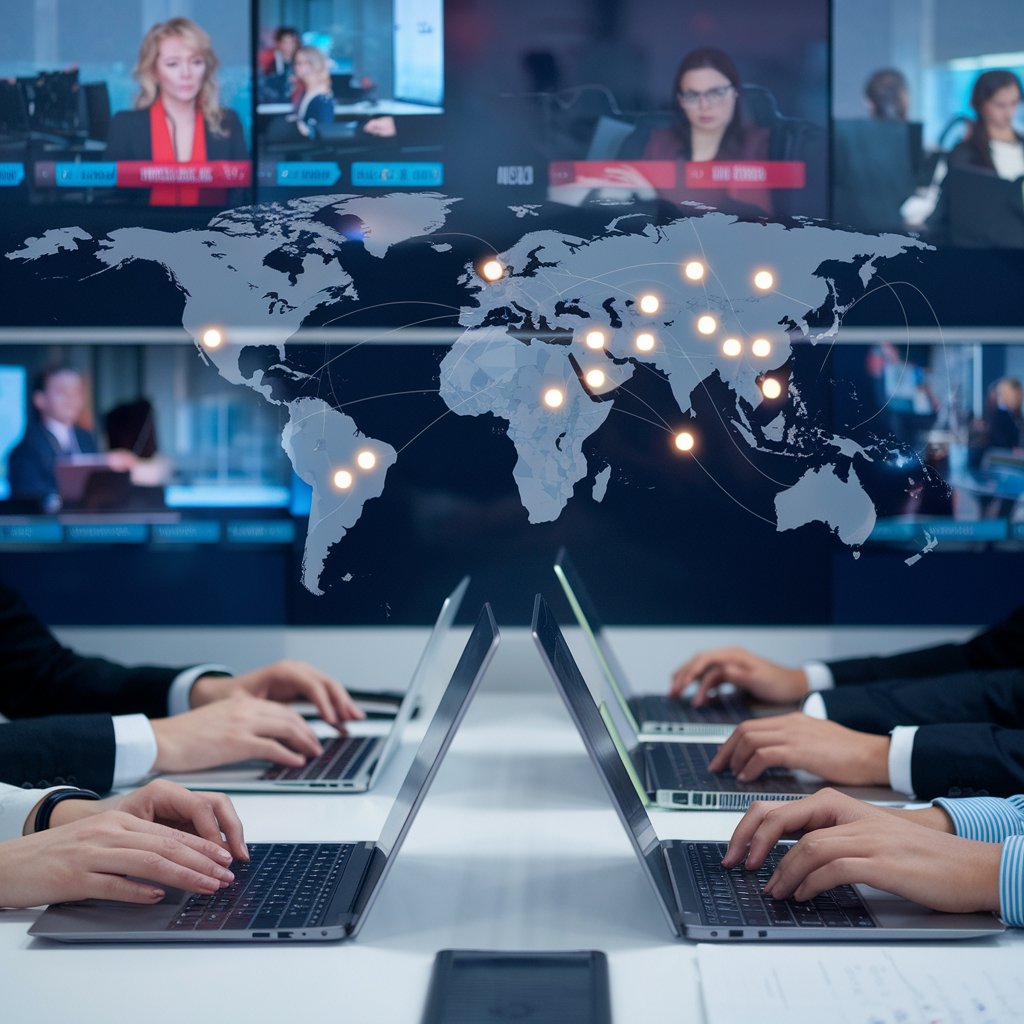 A sleek newsroom setting with journalists typing on laptops, a large screen showing live news footage, and a world map with glowing points marking key events. The image conveys a sense of urgency, professionalism, and comprehensive coverage of current affairs.