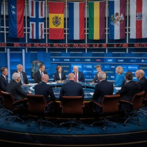 An intense political debate scene featuring a diverse panel of leaders and analysts seated at a round table, with flags of various nations in the background and a digital ticker displaying breaking political news. The atmosphere is serious and professional, symbolizing the dynamic world of politics.